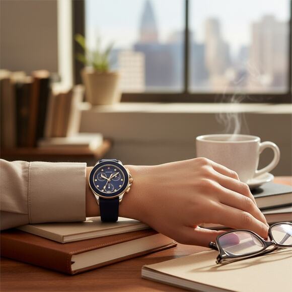 Michele Cape Chronograph Women’s Watch |Navy Blue Dial Rubber Strap | Swiss Made - Picture 6 of 9